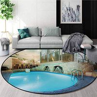 RUGSMAT Modern Small Round Rug Carpet,Vivid Blue Swimming Pool in Spa Interior Resort Relaxation and Theraphy Theme Door Mat Indoors Bathroom Mats Non Slip,Diameter-39 Inch Blue Aqua Beige