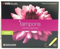 CVS Health Tampons Compact Applicator, Super, Pack of 3 x 18 Unscented Tampons.