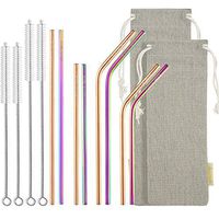 STRAWTOPIA Rainbow Rose Gold Straight Bent Metal Straws (8 Pack) Stainless Steel Straws Drinking Reusable with Case, Cleaning Brushes, Fits 20 30 40oz Tumblers, Dishwasher Safe, 6mm Wide (Long/Short)