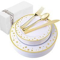 WDF 25Guest Gold Plastic Plates with Disposable Plastic Silverware&Hand Napkins- Star Dot 25 Dinner Plates,25 Salad Plates,25 Forks, 25 Knives, 25 Spoons,25 Disposable Napkins