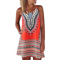 Women's Mini Dress Sleeveless,Ladies Summer V-Neck Retro Swing Loose Bohemian A-Line Dress Sundress