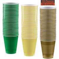 18 oz Party Cups, 96 Count - Festive Green, Light Yellow, Gold - 32 Each Color