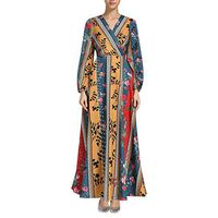 Jentouzz Women Muslim Style Cross Neck Print Long Dress Beach Maxi Dress(M,Yellow)