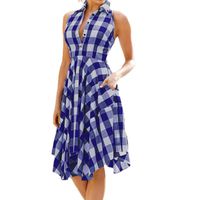 Womens Vintage Bodycon Plaid Sleeveless Button Irregular Hem Evening Party Dress Blue