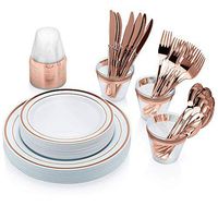 Bobfaw Creations Rose Gold Plastic Plates Dinnerware Set - 150 Piece Disposable Silverware with 25 each (Dinner & Salad Plates, Spoons, Forks, Knives, Cups)