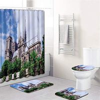 Naiflowers 4 Piece Bath Shower Curtain Sets, Bathroom Shower Curtain & Toilet Mat & Lid Cover & Non Slip Rugs Notre Dame de Paris Printing, Washable Bath Curtain Carpet for Tub Living Room (E)