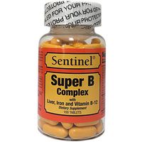 Sentinel Premium Super B Complex with Liver, Iron and Vitamin B-12, Supports Energy & Immune System Boosting, Made in USA, 100 Coated Tablets