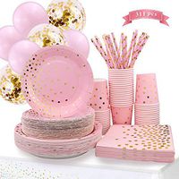 311PCS Pink and Gold Party Supplies - Disposable Paper Plates Dinnerware Set Rose Gold Dots 50 Dinner Plates 50 Dessert Plates 50 Cups 50 Napkins 50 Straws 60 Balloons Birthday Party Wedding Holiday