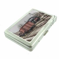 Cigarette Case with Built in Lighter Vintage Train Station Locomotive S5 Smoking King Size Cigarettes Silver Metal Wallet 4" X 2.75" RFID Protection Retro Classic Depot