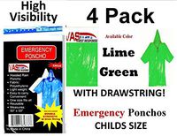 VAS First Response 4 HIGH Visibility Double Strength 5 MIL Childs NEON Green 50" x 33" Emergency Hooded RAIN Poncho with HODD, Sleeves & Draw String