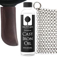 Extra Thick Top-Grain Leather Cast Iron Skillet Handle Cover, Stainless Steel Chainmail Scrubber and Cast Iron Seasoning Oil Kit.(3-piece kit)