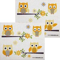 Owls in Branches Set of 2 Each Swedish Dishcloths | ECO Friendly Absorbent Cleaning Cloth | Reusable Cleaning Wipes