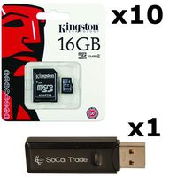 10 PACK - Kingston 16GB MicroSD HC Class 4 TF MicroSDHC TransFlash Memory Card SDC16/16GB 16G 16 GB GIGS (M.A16.RTx10.550) LOT OF 10 with USB SoCal Trade© SCT Dual Slot MicroSD & SD Memory Card Reader - Retail Packaging