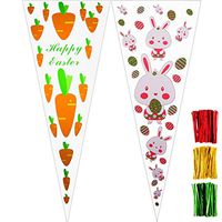 100 Pieces Easter Cone Bags Easter Clear Cellophane Bags Easter Cellophane Bags Treat Bags with 150 Pieces Twist Ties for Easter Candy Cookie Storage, 15 x 6.3 Inches (Style Set 1)