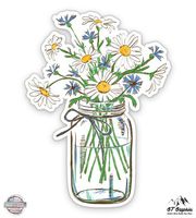 Daisies in Mason Jar - 3" Vinyl Sticker - For Car Laptop I-Pad Phone Helmet Hard Hat - Waterproof Decal