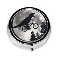 Dinosaur Bike Moon Round Silver Pill Box Pocket 2 Inches Medicine Tablet Holder Organizer Case for Purse