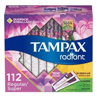 Tampax Radiant Plastic Tampons, Regular/Super Absorbency Duopack, 112 Count, Unscented (28 Count, Pack of 4 - 112 Count Total)