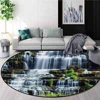 RUGSMAT Rainforest Carpet Gray Round Area Rug,Waterfall in The Middle of Tropical Jungle Natural Scenery Countryside Style Pattern Floor Seat Pad Home Decorative Indoor,Round-71 Inch