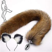 2Pcs, Ears Headband + Three Sizes Long Brown B-ü-t-t P-l-ǔ-g Fox Tail Massager Halloween Party Tōys Prǒps (Style 5, S)