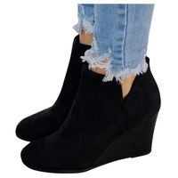 Women's Wedges Ankle Booties Retro V Cutout Comfy Short Boots Suede Zipper Closure Stacked Chunky Block Heels Shoes Black