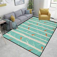 YucouHome Nature Print Door Mats for Inside, Dotted Abstract Background Tree and Bird Silhouettes Barren Forest, Fashionable High Class Living Dinning Room(2'x 3') Pale Sea Green Orange Cream