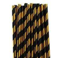 100 pcs Black Gold Foil Striped Paper Straws, Shiny Metallic Foil Stripe Party Vintage Paper Drinking Straws Bulk, Graduation Wedding Holiday New Years Eve Cake Pop Sticks