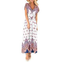 Rexinte Women Summer V Neck Dress Print Beach Long Dresses Bohemian Party Shirred Dresses(White,XL