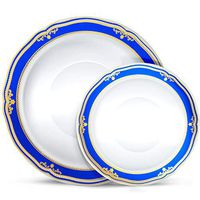 Laura Stein Designer Dinnerware Set | 64 Disposable Plastic Party Bowls | White Wedding Bowl with Blue Rim & Gold Accents | Includes 32 x 12 oz Soup Bowls + 32 x 5 oz Dessert Bowls | Cobalt Blue