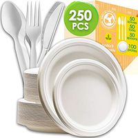 TECVINCI 250 Count Disposable Dinnerware Set Tableware Set, Biodegradable Compostable Sugarcane Paper Plates and Cornstarch Cutlery Knives, Spoons and Forks for BBQ, Party, Picnic, Camping (White)