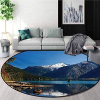 Landscape Round Kids Rugs,Mountain Countryside Winter Time Lake Mountain Forest View Photo Learning Carpet Non Skid Nursery Kids Area Rug For Playroom,Round-51 Inch Blue White Dark Brown Green