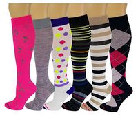 6 Pairs Moderate (15-20 mmHG) Women Travelers, Anti-Fatigue, Graduated Compression Knee High Socks Made in USA (9-11, Assorted# 102)