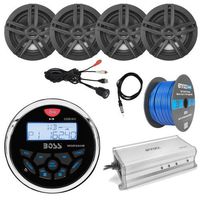 21' - 29' Pontoon Boat Marine System: Boss Bluetooth Receiver, 4 x 6.5 Water-Resistant Speakers (Black), 4-Channel Amplifier, 50Ft Speaker Wire, Radio Antenna - 40", USB Aux Interface Mount
