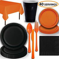Disposable Party Supplies, Serves 40 - Black and Orange - Large and Small Paper Plates, 12 oz Plastic Cups, Heavyweight Cutlery, Napkins, and Tablecloths. Full Two-Tone Tableware Set