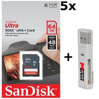 5 PACK - SanDisk Ultra 64GB Class 10 SDXC UHS-1 Memory Card up to 48MB/s - SDSDUNB-064G LOT OF 5 with USB 2.0 MemoryMarket dual slot MicroSD & SD Memory Card Reader