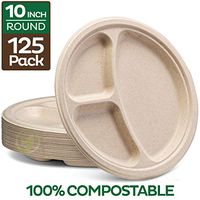 100% Compostable Paper Plates [10 inch - 125-Pack] 3 Compartment Disposable Plates Heavy-Duty Quality, Natural Bagasse Eco-Friendly Made of Sugar Cane & Wheat Straw Fibers, 10" Biodegradable Plates