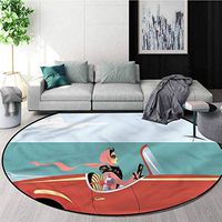 RUGSMAT Cars Carpet Gray Round Area Rug,Lady Driving Retro Automobile Non-Slip Soft Floor Mat Home Decor Diameter-39