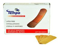 Tempo Adhesive Plastic Strip Bandage 3/4” x 3”, Sterile, Non Latex, Hypoallergenic, 100 EA/BX & 60 BX/CS, BAF343