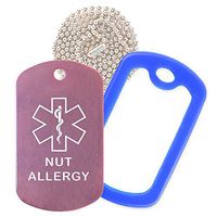 Nut Allergy Medical Alert ID Necklace with Pink Tag, Blue Silencer, and 30'' USA Chain - 154 Color Choices