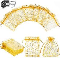 200 Pieces Sheer Organza Wedding Favor Bags Jewelry Gift Bags Eyelash Print Gift Bags Organza Bags for Wedding Baby Shower Samples Display Drawstring Pouches, Gold, 3.5 by 4.7 Inches