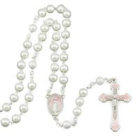 Rosary White Glass Beads Pink Miraculous Cross and Center
