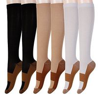 Graduated Copper Compression Socks 6 Pairs Anti Fatigue Knee High Socks for Men Women Pain Ache Relief Stockings 15-20 mmHg (L/XL, Black&White&Nude)