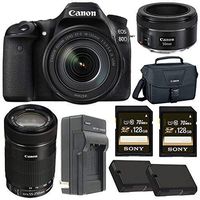 Canon EOS 80D DSLR Camera with 18-135mm Lens + Canon EF 50mm f/1.8 STM Lens + Canon EF-S 55-250mm f/4-5.6 IS STM Lens + Extra Battery + Charger + 128GB + Carrying Case Bundle