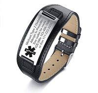 VNOX Customize Medical Alert ID Wide Genuine Leather Stainless Steel Adjustable Bracelet Wristband for Men Women