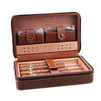 Cigar Humidors Box Cigar Holster Cigarette Case Men's Gift Box, Travel Portable Cigar Humidor Set Cedar Wood Lining Leather Surface Cigar Scissors, Black Brown 4 Sticks Wooden Holder Travel Humidor
