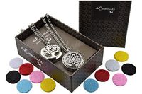 Tree of Life and Flower with CZ's Essential Oil Diffuser Necklace Stainless Steel t Pendants with 24" Chains + 12 Refill Pads
