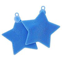 2 Piece Silicone Scrub Sponges Set - Double-Sided Blue BPA Free Rubber Scrubbers with Air-Dry Suction Cups and Hook Holes and Starry Print Packaging