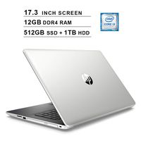 HP Pavilion Newest 17.3 Inch Premium Laptop - Intel Core i3-8130U up to 3.4GHz, Intel UHD 620, 12GB DDR4 RAM, 512GB SSD (Boot) + 1TB HDD, Webcam, HDMI, DVD-RW, WiFi, Bluetooth, Windows 10 Home, Silver