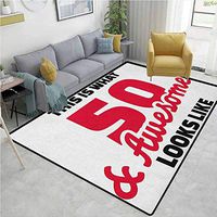 50th Birthday Vegetables Area Rug Boys Room, Fifty and Awesome Cool and Fun Hand Written Style Happy Cheer Slogan, Easy Maintenance Area Rug Living Room Bedroom Carpet(2.5'x 7') Red Black White
