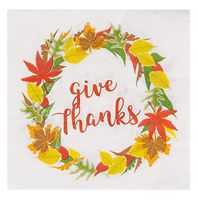 Cocktail Napkins - 100-Pack Disposable Paper Napkins, Autumn Thanksgiving Dinner Party Supplies, 2-Ply, Give Thanks and Autumn Leaves, White, Unfolded 13 x 13 Inches, Folded 6.5 x 6.5 Inches
