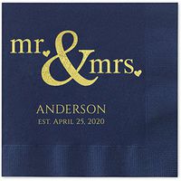 Mr and Mrs Hearts Personalized Luncheon Napkins - 100 Custom Printed Navy Blue Paper Coined Napkins with a Choice of foil. 6 1/2'' x 6 1/2'' Folded, Made in The USA